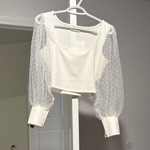 Fun Cropped White Embelished Sheer Sleeve Top